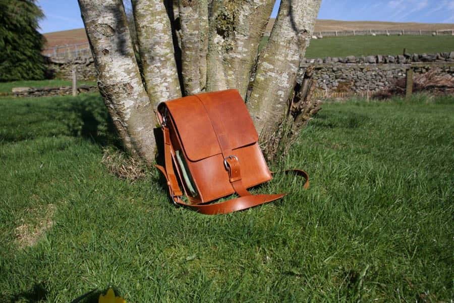 Leather messenger shoulder bag against a tree