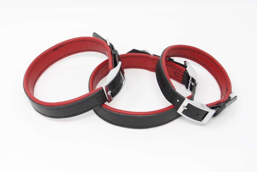 Red and black padded plain leather dog collar from various angles