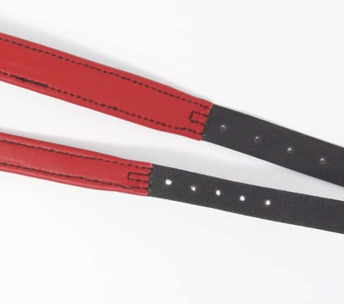 End detail of black and red padded leather dog collar