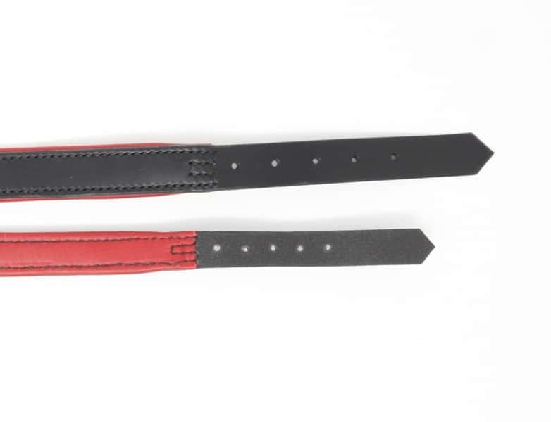 End detail of black and red padded leather dog collar