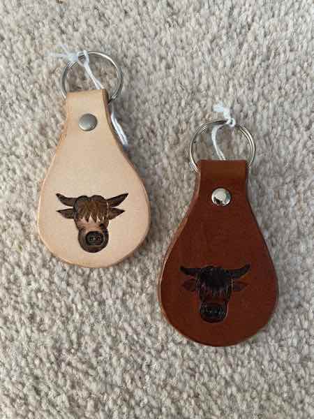 2 leather key fobs / key rings with highland cow motifs