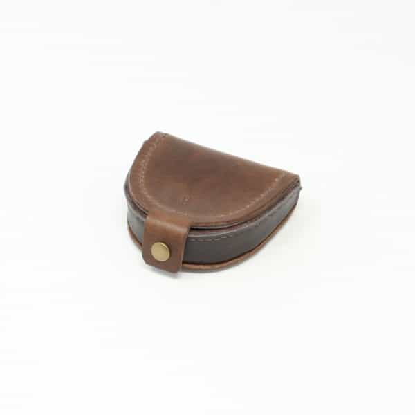 Brown leather coin catcher purse with press stud closed