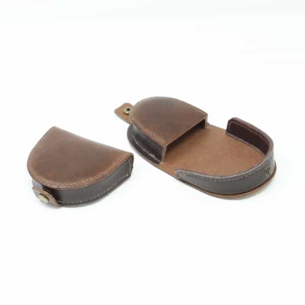 Brown leather coin catcher purse with press stud open