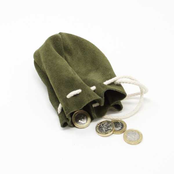 Green suede leather drawstring pouch