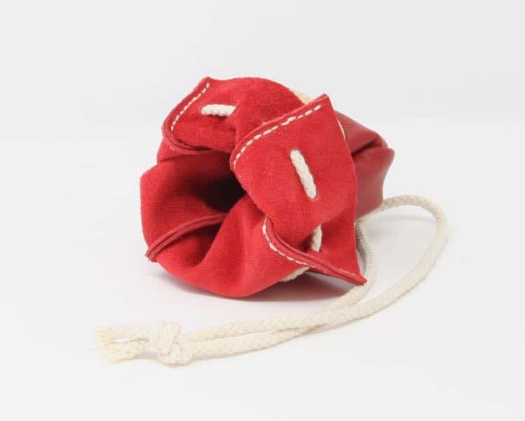 Interior of red leather drawstring pouch