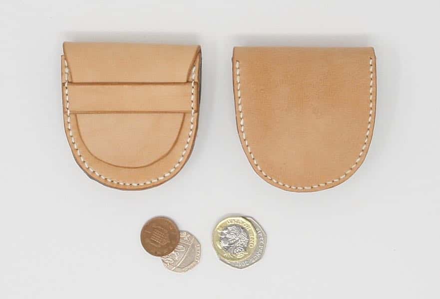Natural leather coin pouch showing front and rear