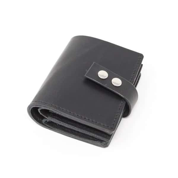 Black leather jumbo wallet. Shown closed.