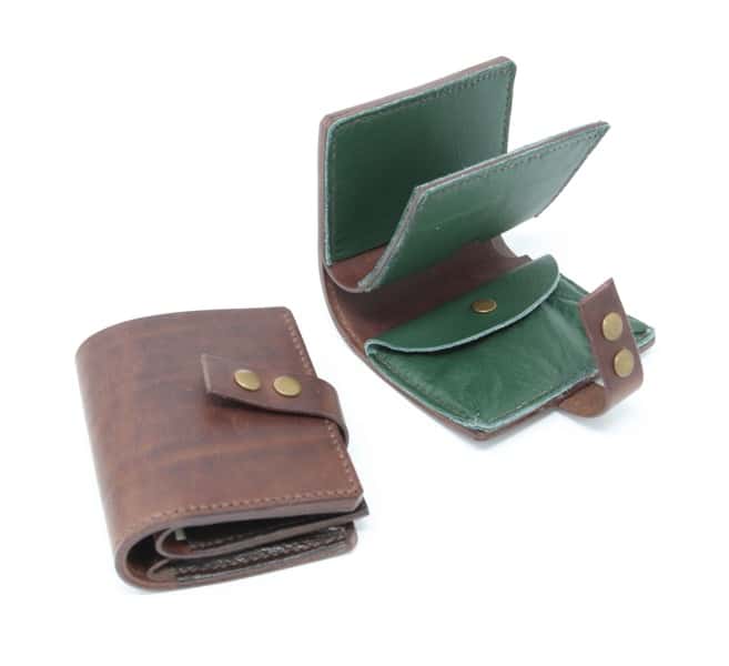Brown leather jumbo wallet with green leather lining. Shown open and closed.