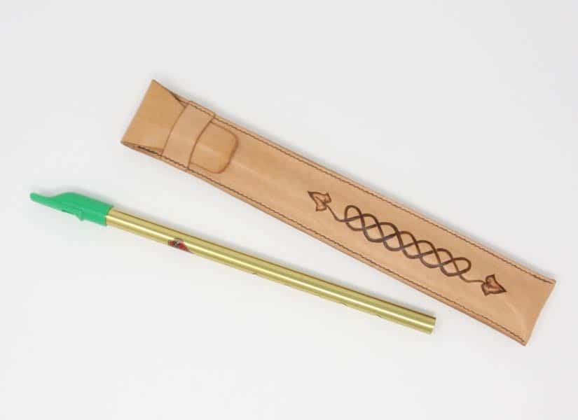 Penny whistle and leather penny whistle case against white background